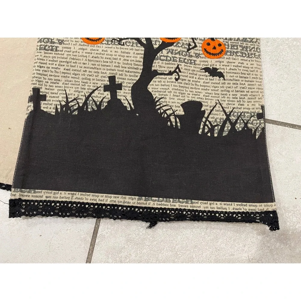 Halloween Table Runner Black Pumpkin Tree Newsprint‎ Lace Edge Decor Vintage